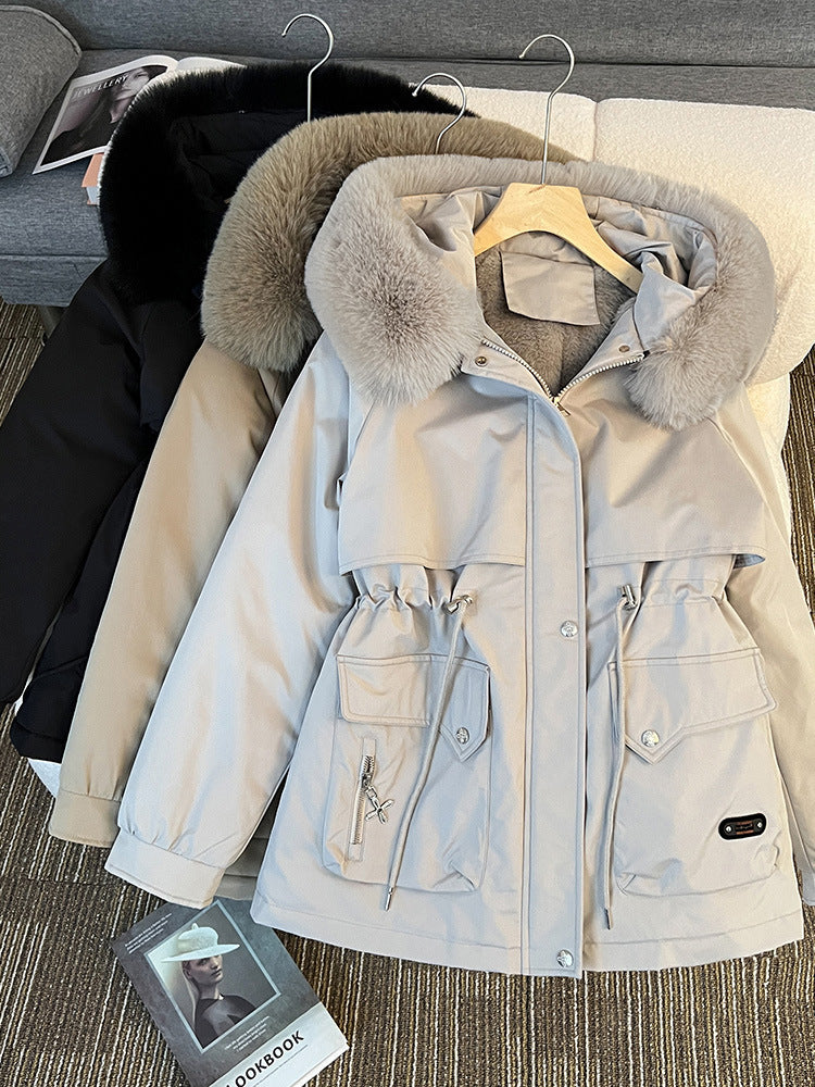 Fur Collar Fashionable All-matching Jacket Hooded Warm Cotton-padded Coat