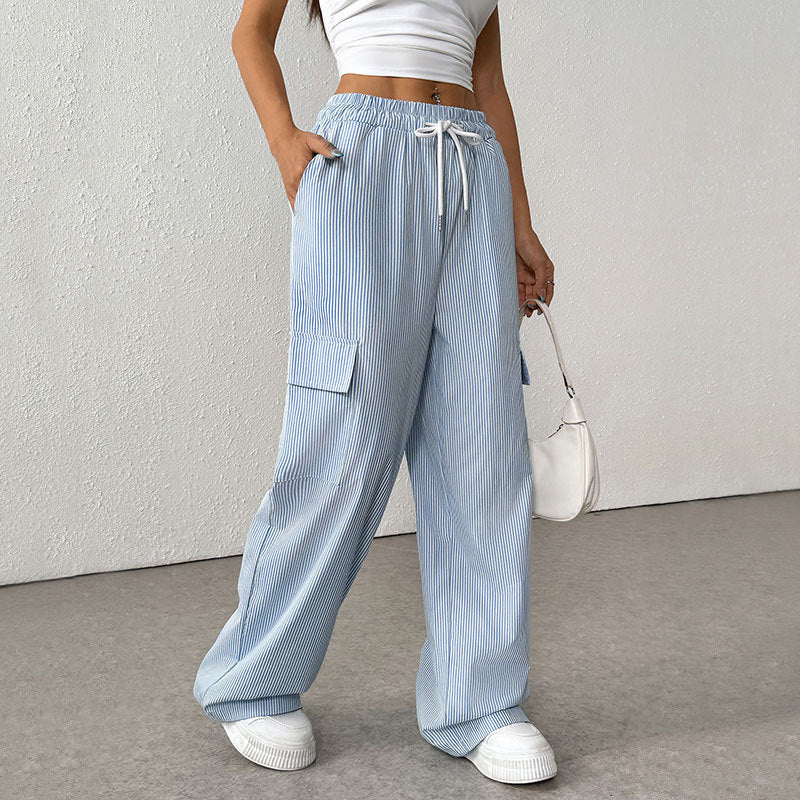 Women's Casual Elastic Striped Pocket Trousers