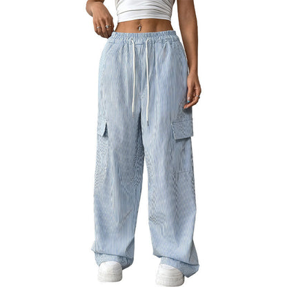 Women's Casual Elastic Striped Pocket Trousers