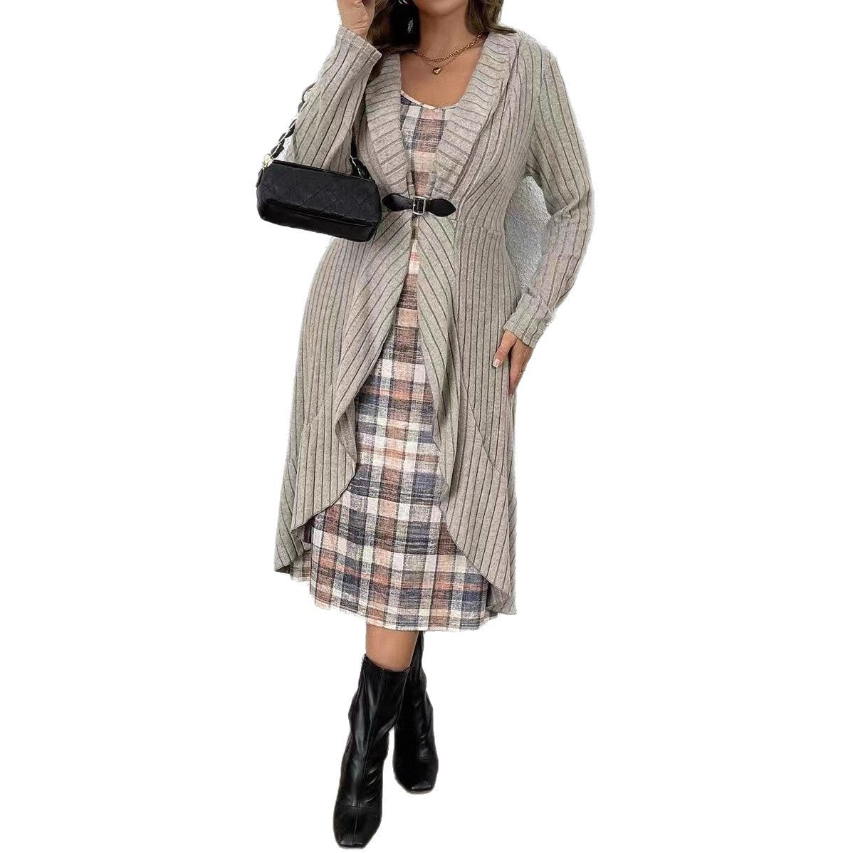 Autumn And Winter Pleated Cardigan Trench Coat Shawl Knitted Coat Lining Dress Suit
