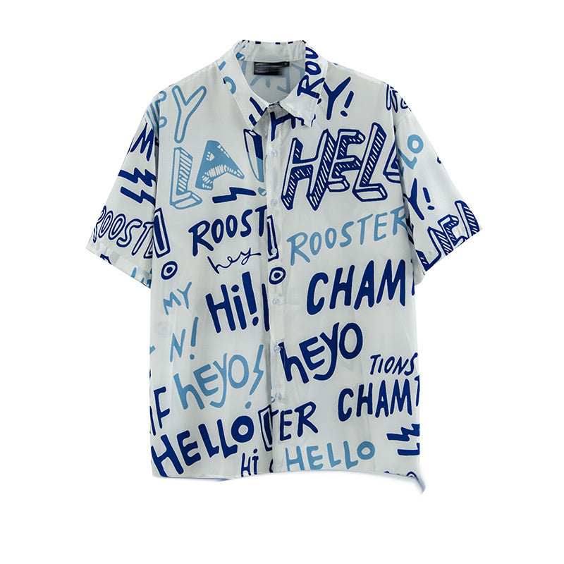 American Street Letter Doodle Flower Shirt Men'S Short Sleeve