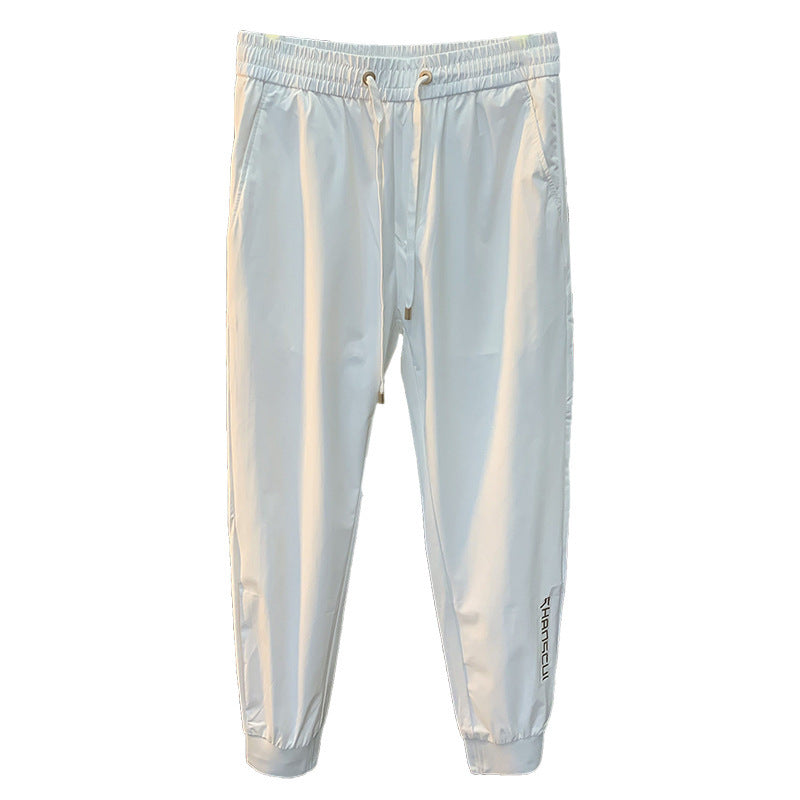 White Ice Silk Embroidery Ultra-thin Cool Feeling Ankle-length Sports Pants
