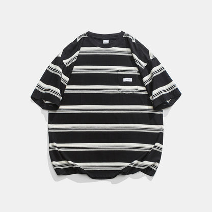 Casual Loose Striped Pocket Round Neck T-shirt