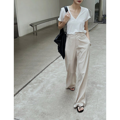 Spring New Women''s Simple Fashionable Irregular Waist Versatile Wide Leg Suit Pants