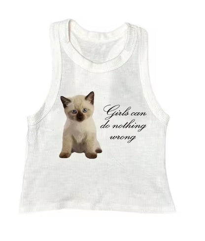 Cute Cat Letter Print Vest Sling Girl Slim Fit