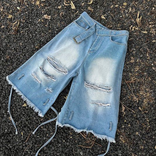 Summer Retro Washed Erosion Ripped Denim Shorts