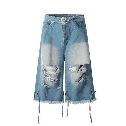 Summer Retro Washed Erosion Ripped Denim Shorts