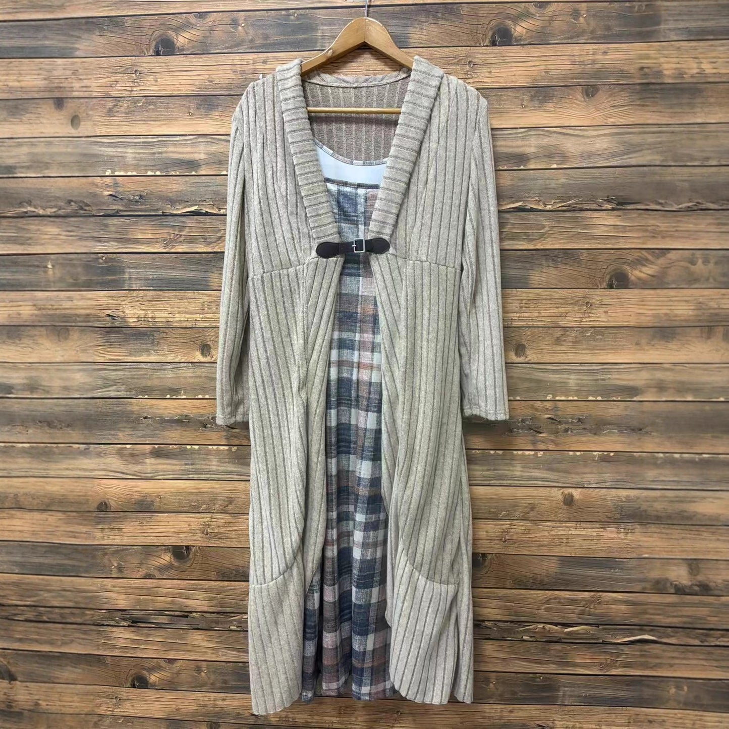 Autumn And Winter Pleated Cardigan Trench Coat Shawl Knitted Coat Lining Dress Suit