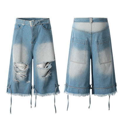 Summer Retro Washed Erosion Ripped Denim Shorts