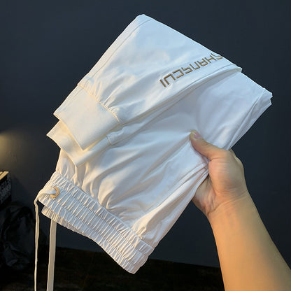 White Ice Silk Embroidery Ultra-thin Cool Feeling Ankle-length Sports Pants