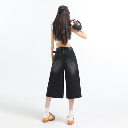 American Retro Washed High Waist Wide Leg Straight Jeans